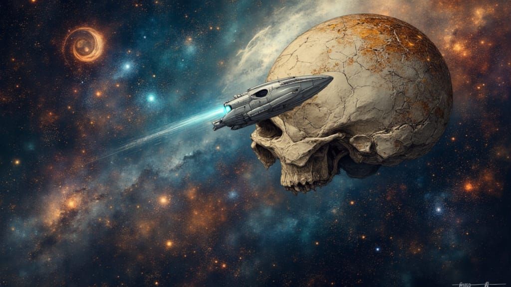 Cosmic Battle: Sleek Ship and Giant Skull in Deep Space
