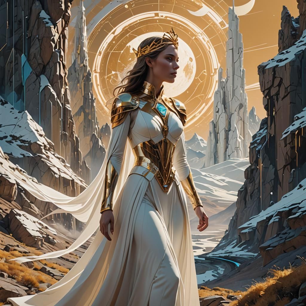 Matte painting. Medium shot. A princess-like woman walks tow...