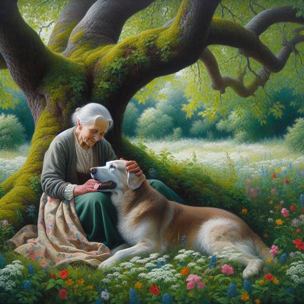 Elderly Woman and Dog in Realistic Oil Painting