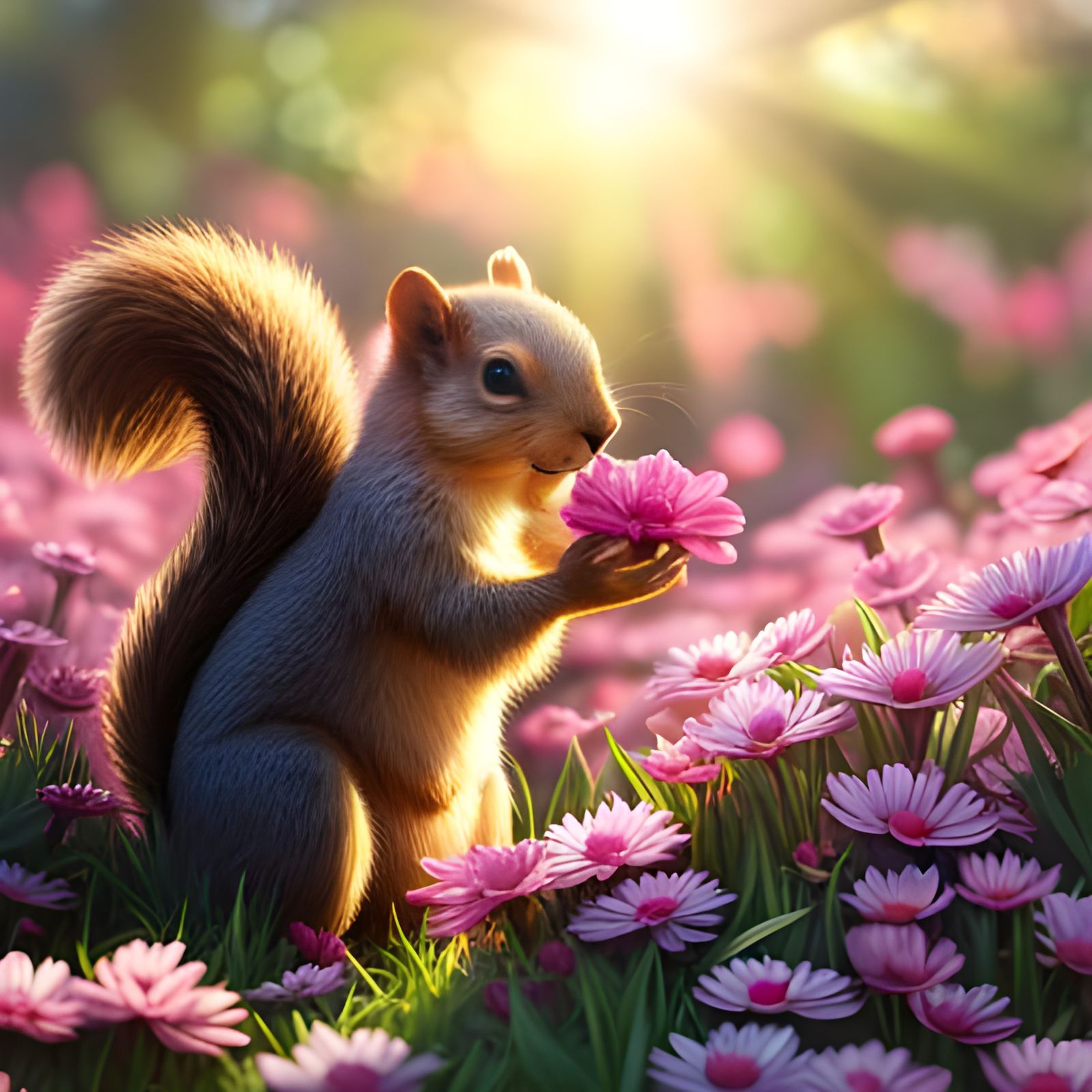 Squirrel with Flowers in Hyperrealistic Style