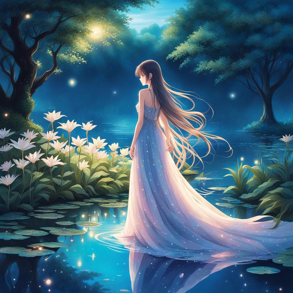 Anime Girl in Moonlight with Flowing Dress