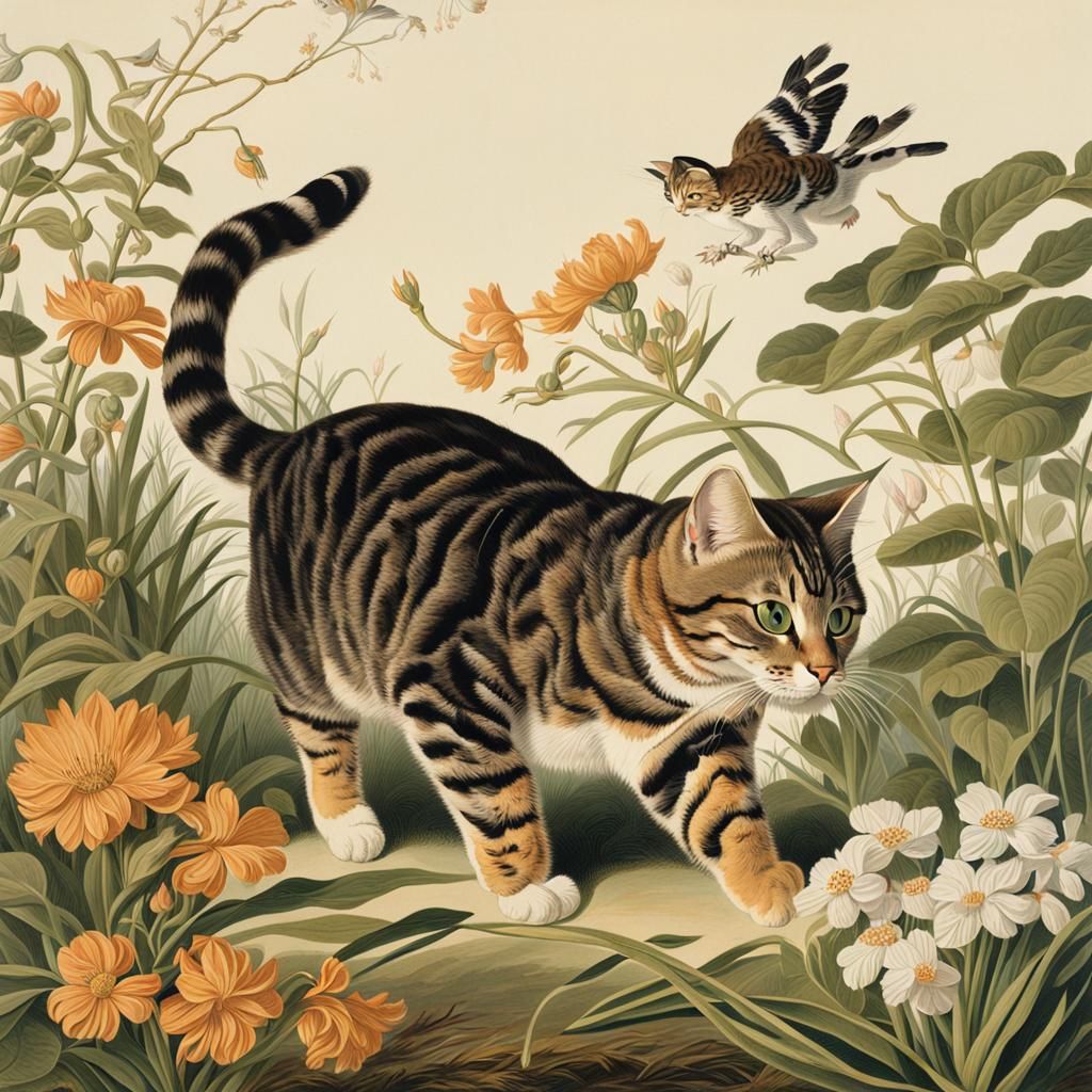 Tabby Cat Hunting Bird in Audubon Style