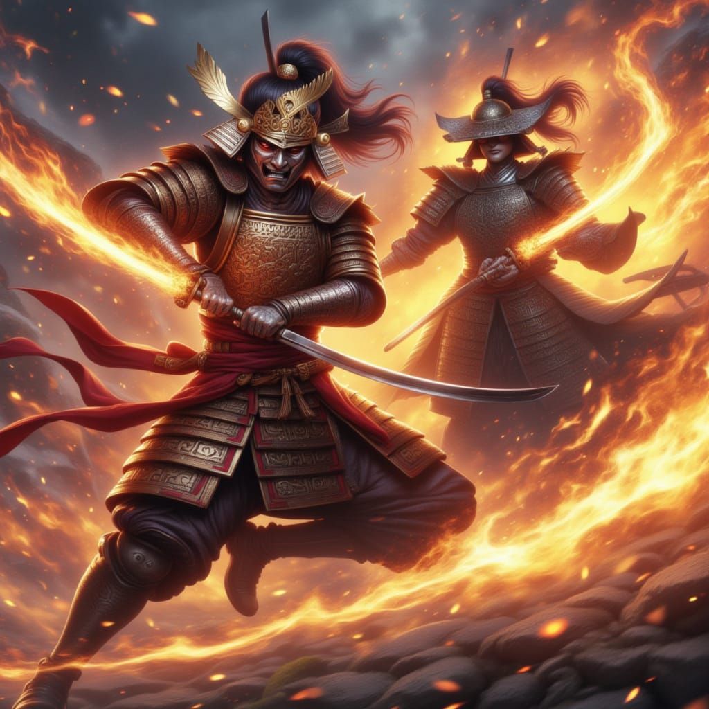 <lora:AsiatischeImpression:1.0>Anime action scene. Digital art. Two Anime Character in a samurai armor, mid-air, drawing...