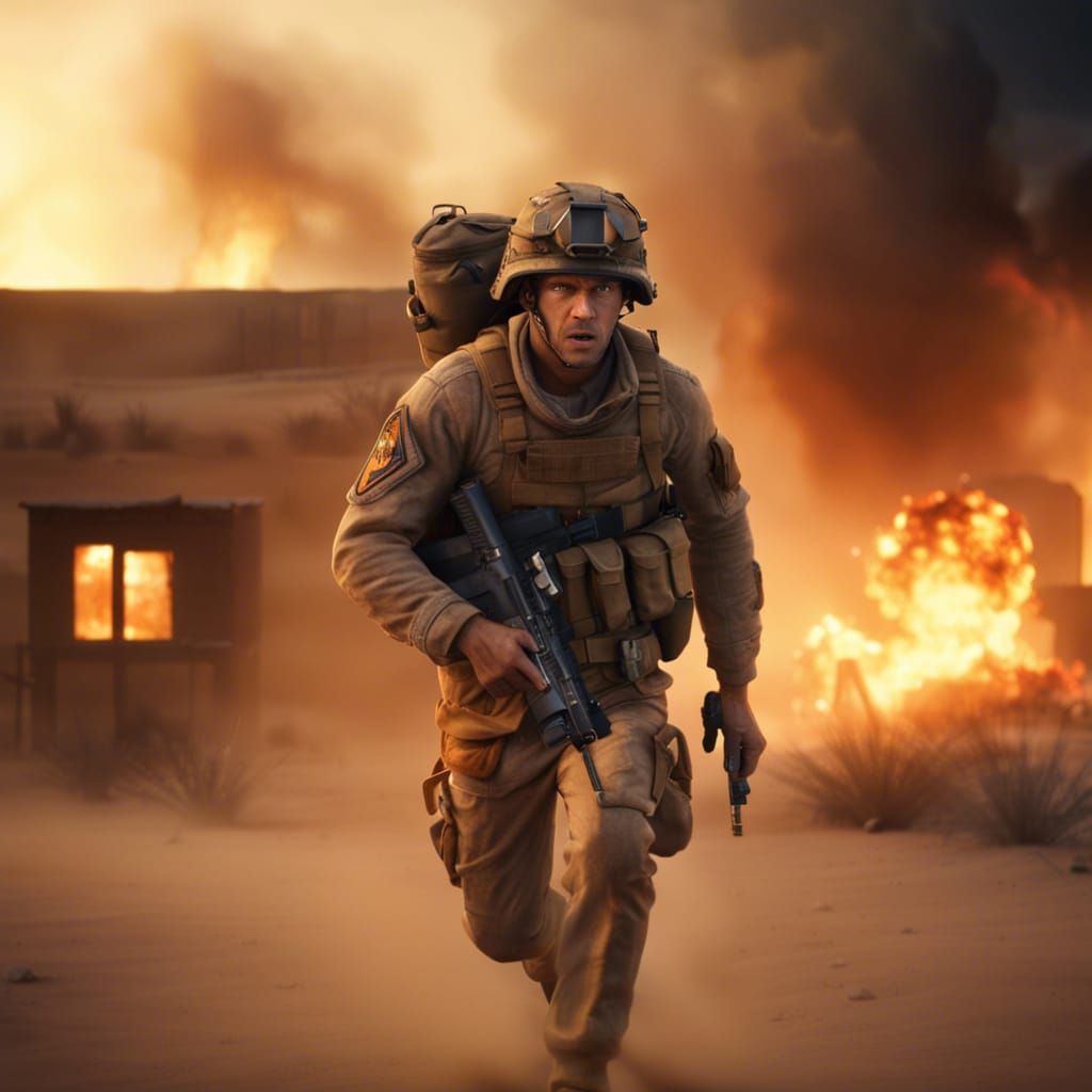 Infantryman in Burning Village Under Artillery Fire