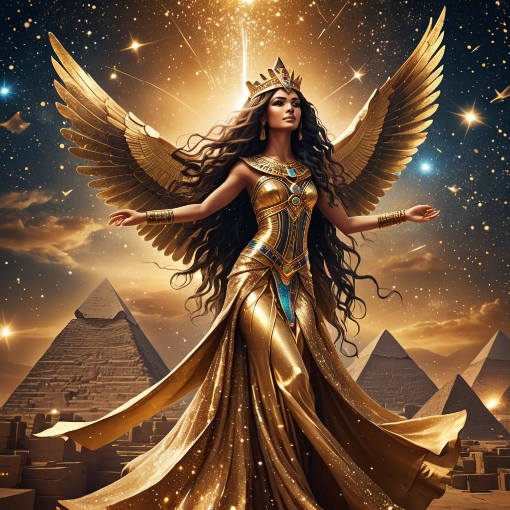 Winged Egyptian Goddess Isis Soaring Above Pyramid