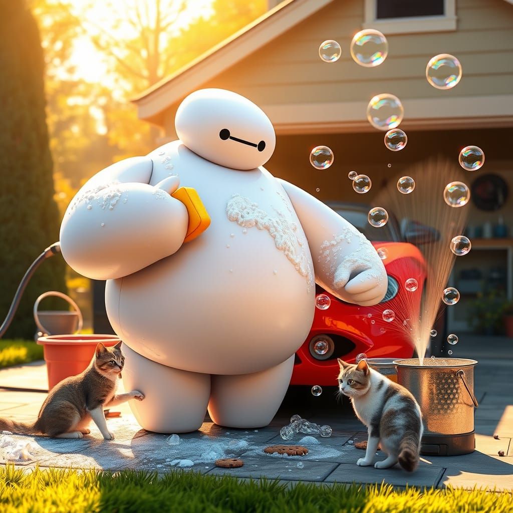 Baymax Washes a Fire-Engine Red Car in a Sunny Suburban Driv...