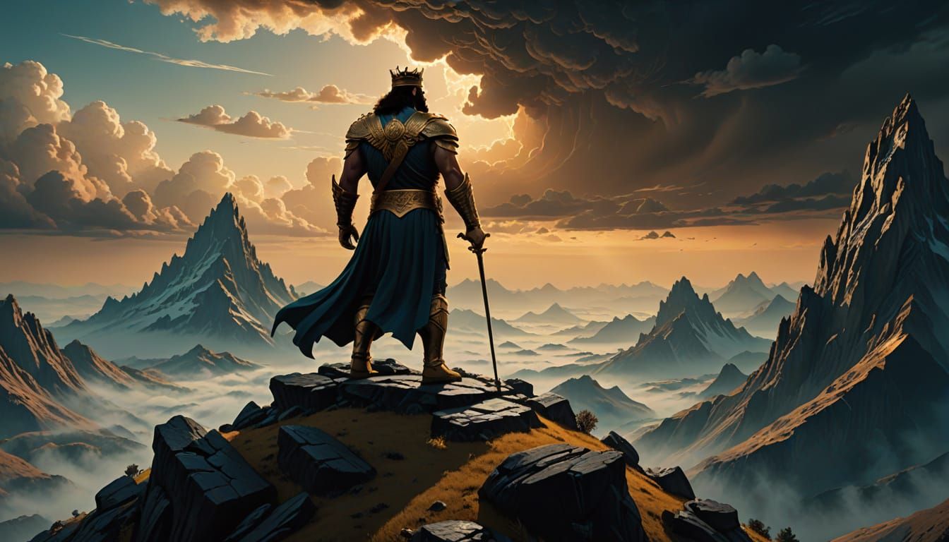 Mythological King: A Dark Fantasy Monarch Amidst Majestic La...