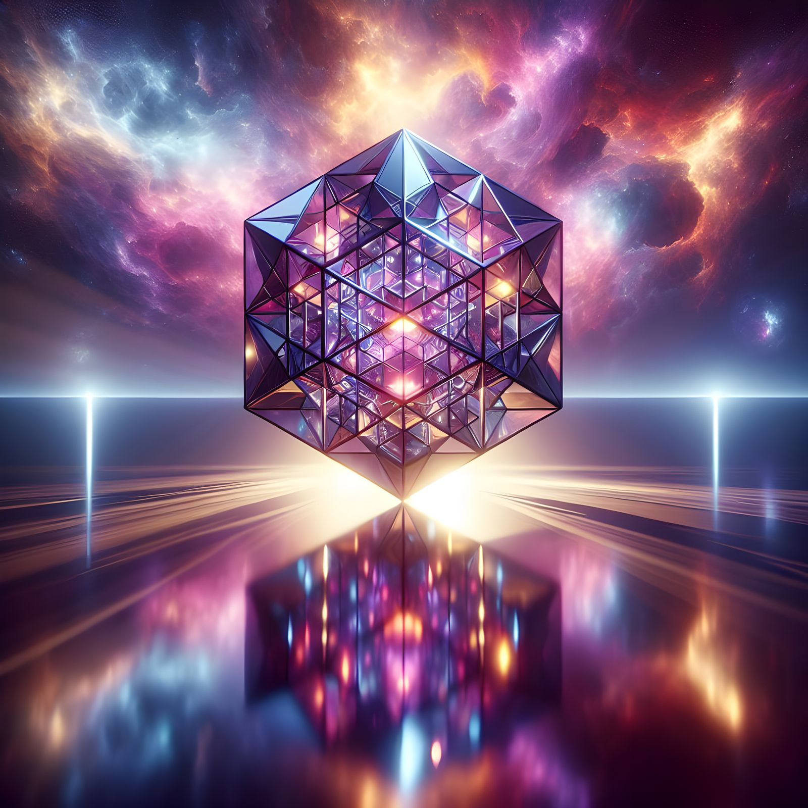 A tesseract, hovering in a void, bathed in the ethereal glow of dynamic, side lighting. Each facet of the tesseract is m...