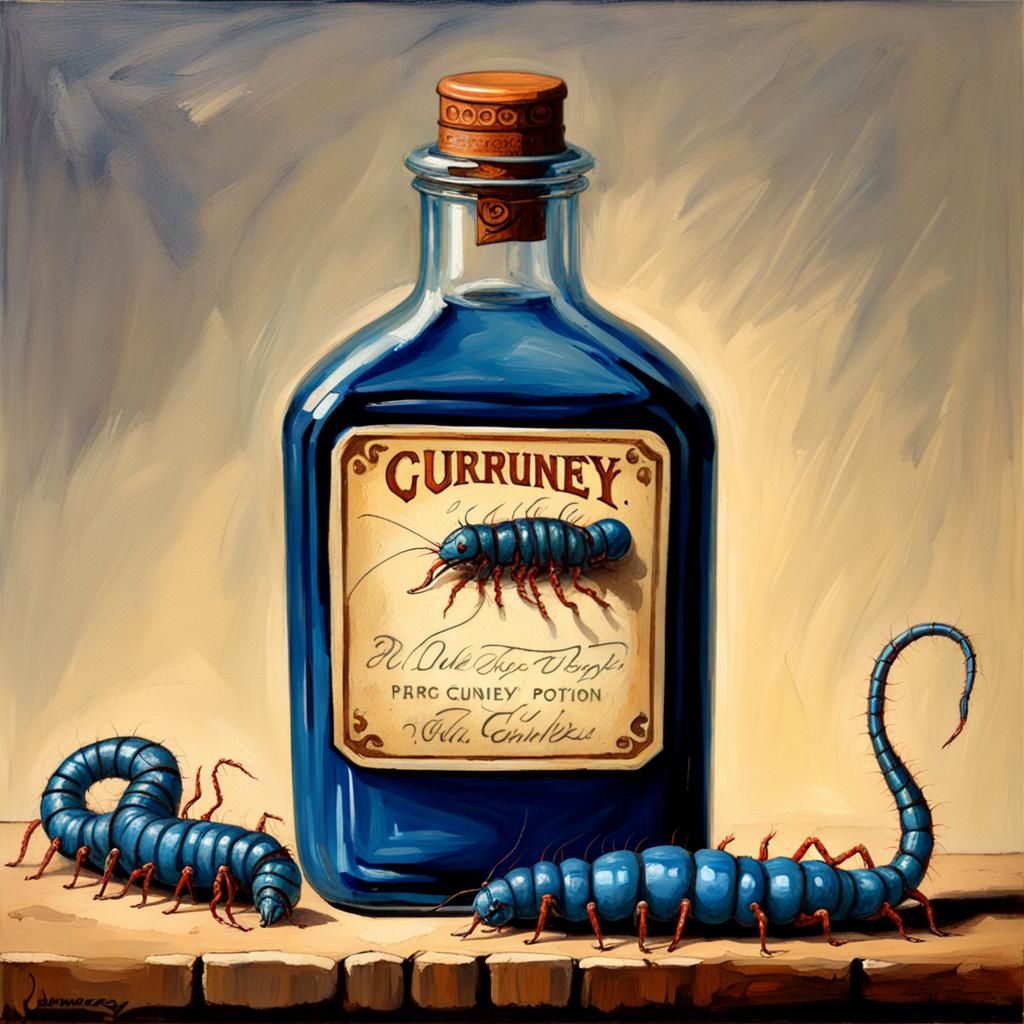 A blue legged centipede potion bottle