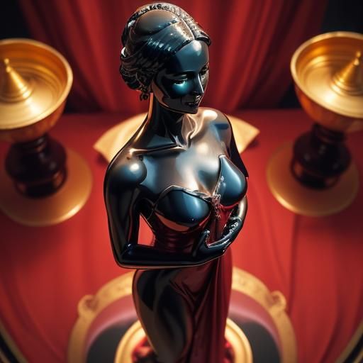 Obsidian Woman Statue in Red Dress on Trophy Stand