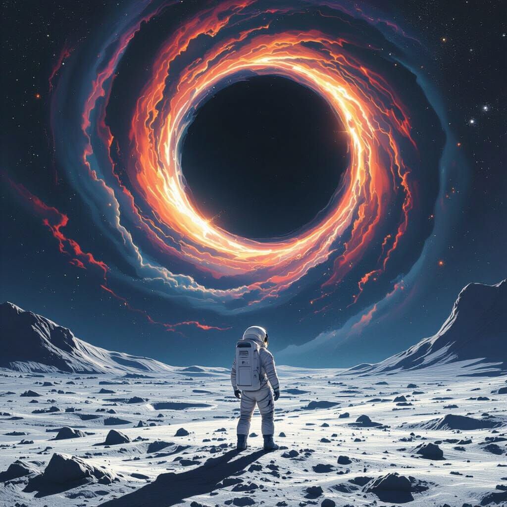 Astronaut Gazes at Swirling Black Hole from Moon Surface