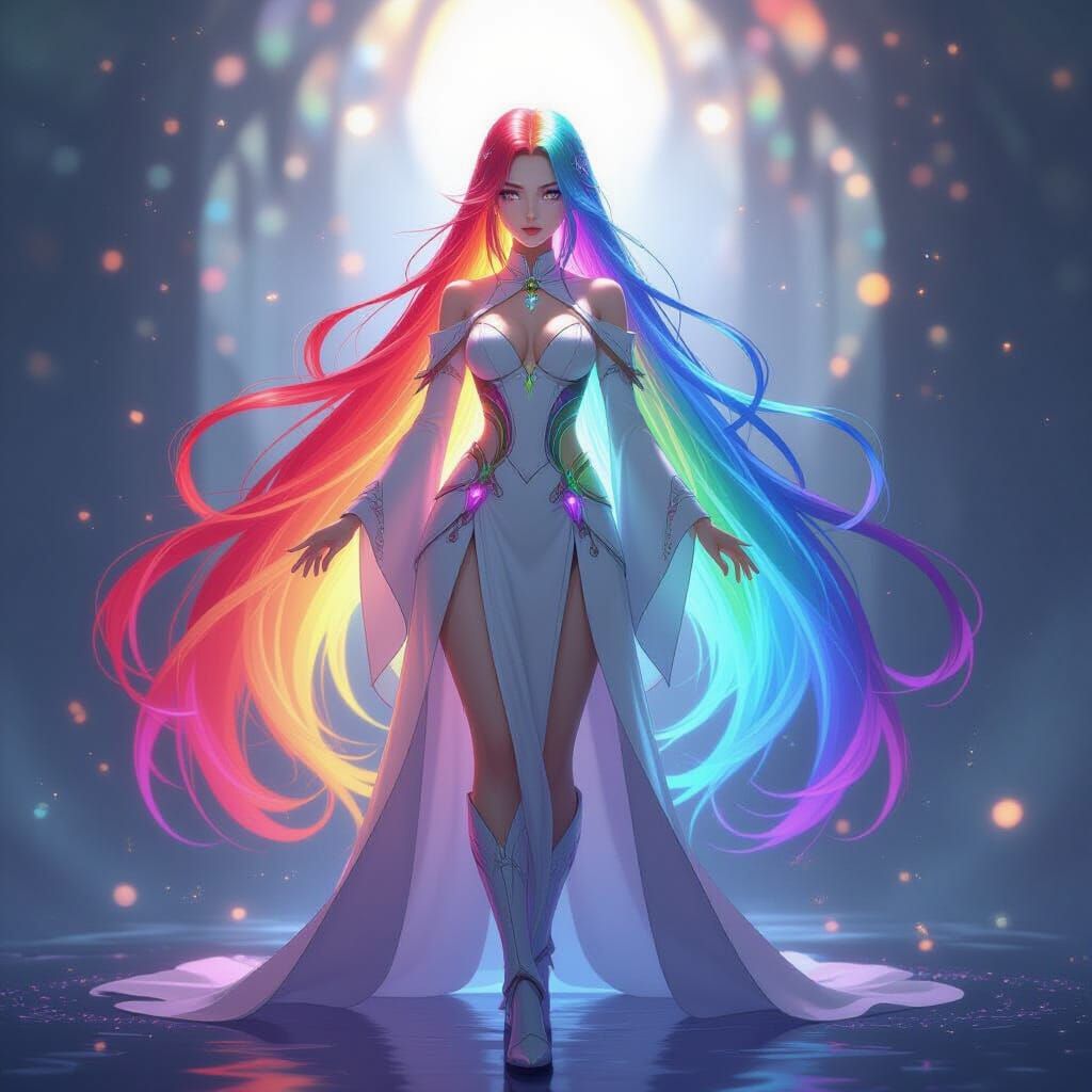 Fantasy Character with Shimmering Rainbow Hair