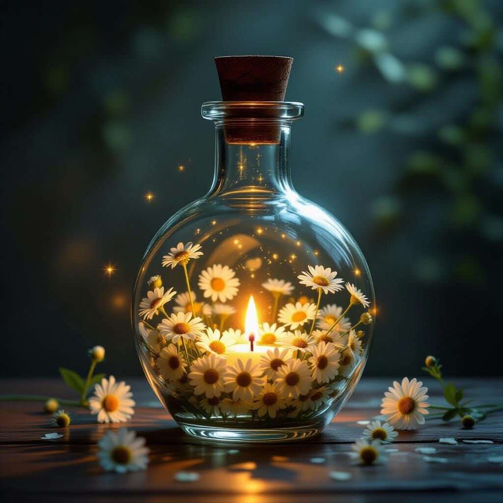 Ethereal Camomile Potion Bottle with Whimsical Shadows