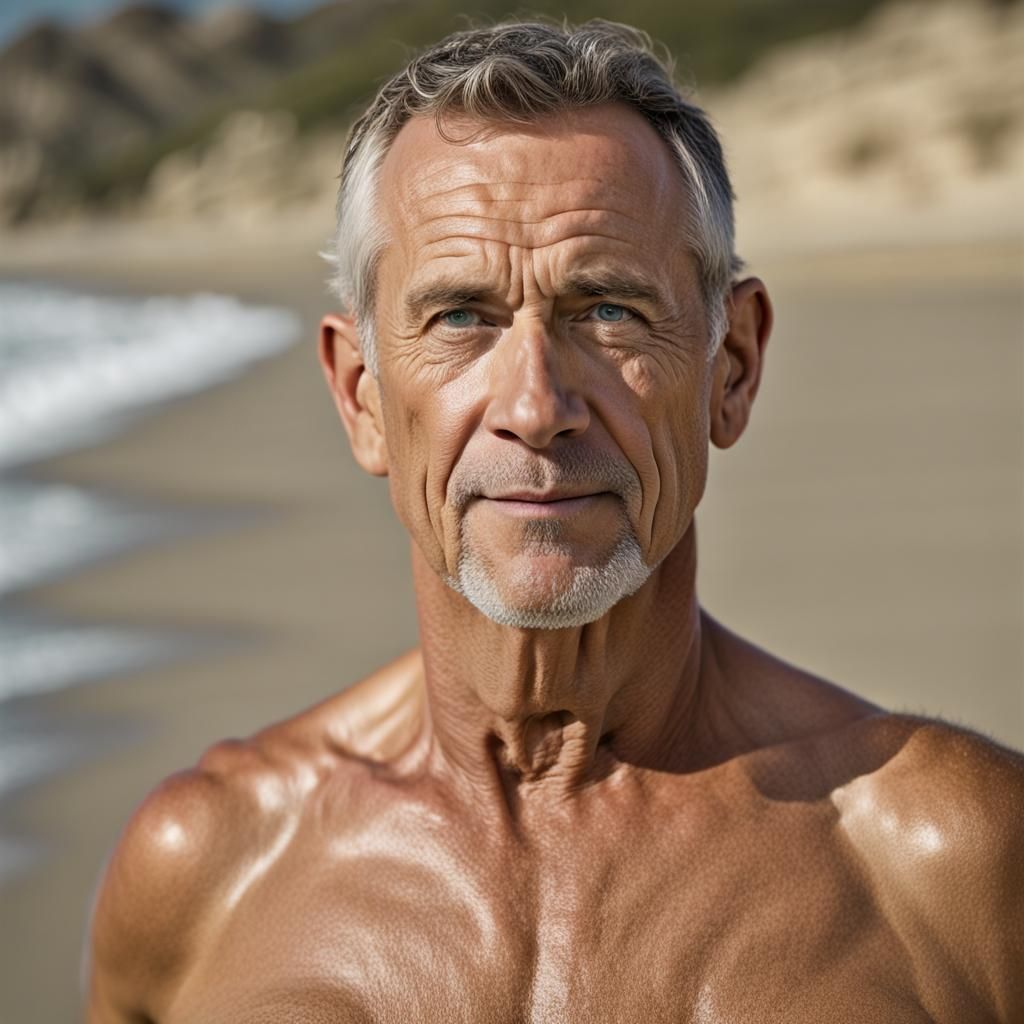 Shirtless Man on Beach in Professional Portrait