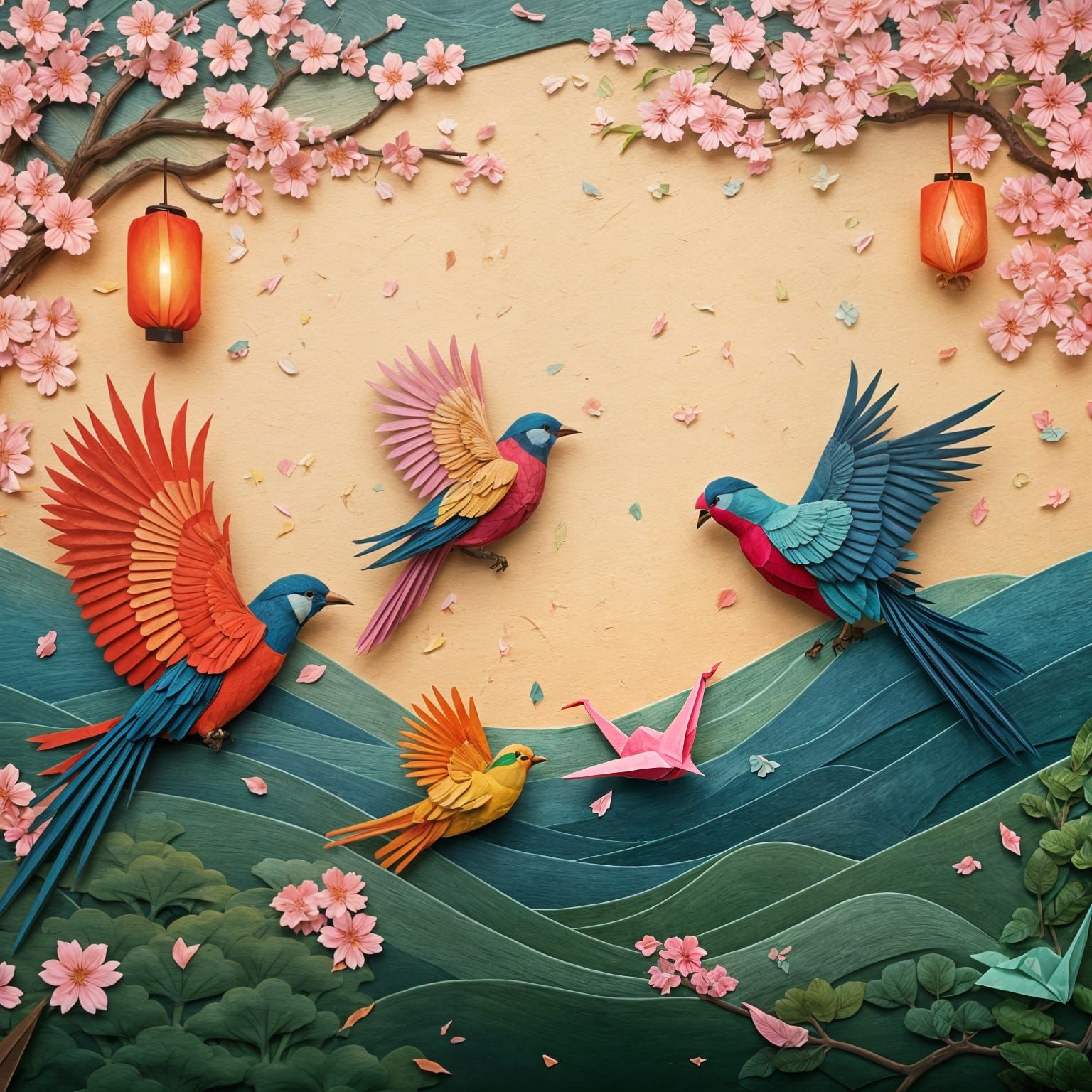 Vibrant Birds in Whimsical Japanese Papercraft Scene