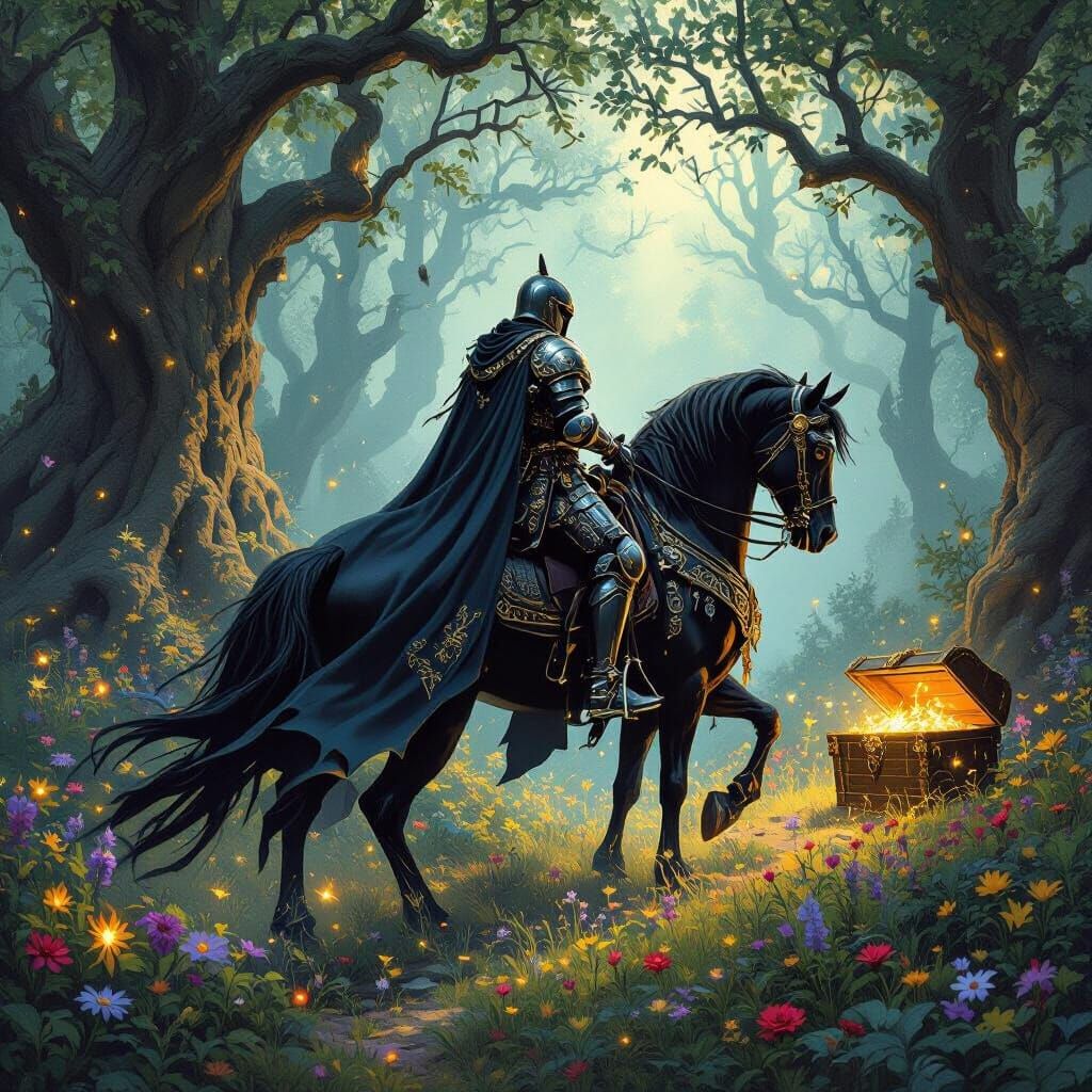 Knight on Horseback in Enchanted Forest