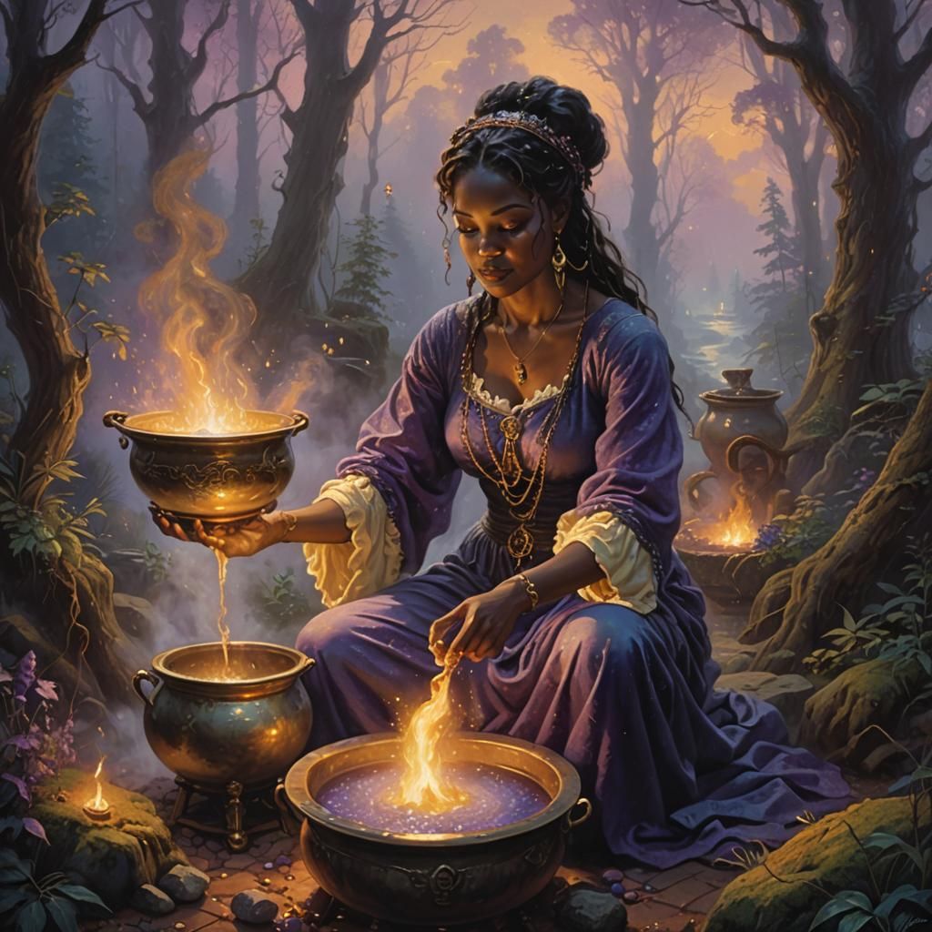 Voodoo Woman Stirring Cauldron in Ethereal Painting