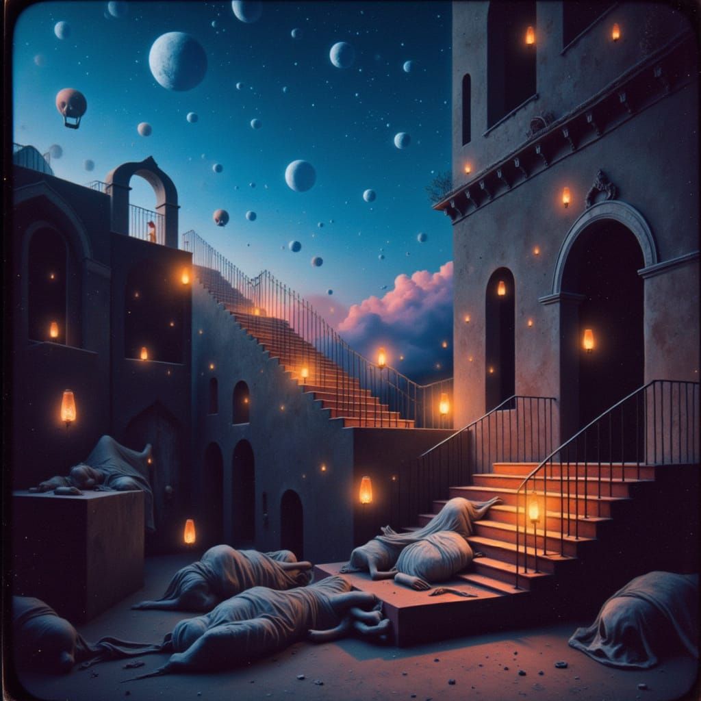 Circular Staircase to Cobalt Sky with Ancient Priestesses