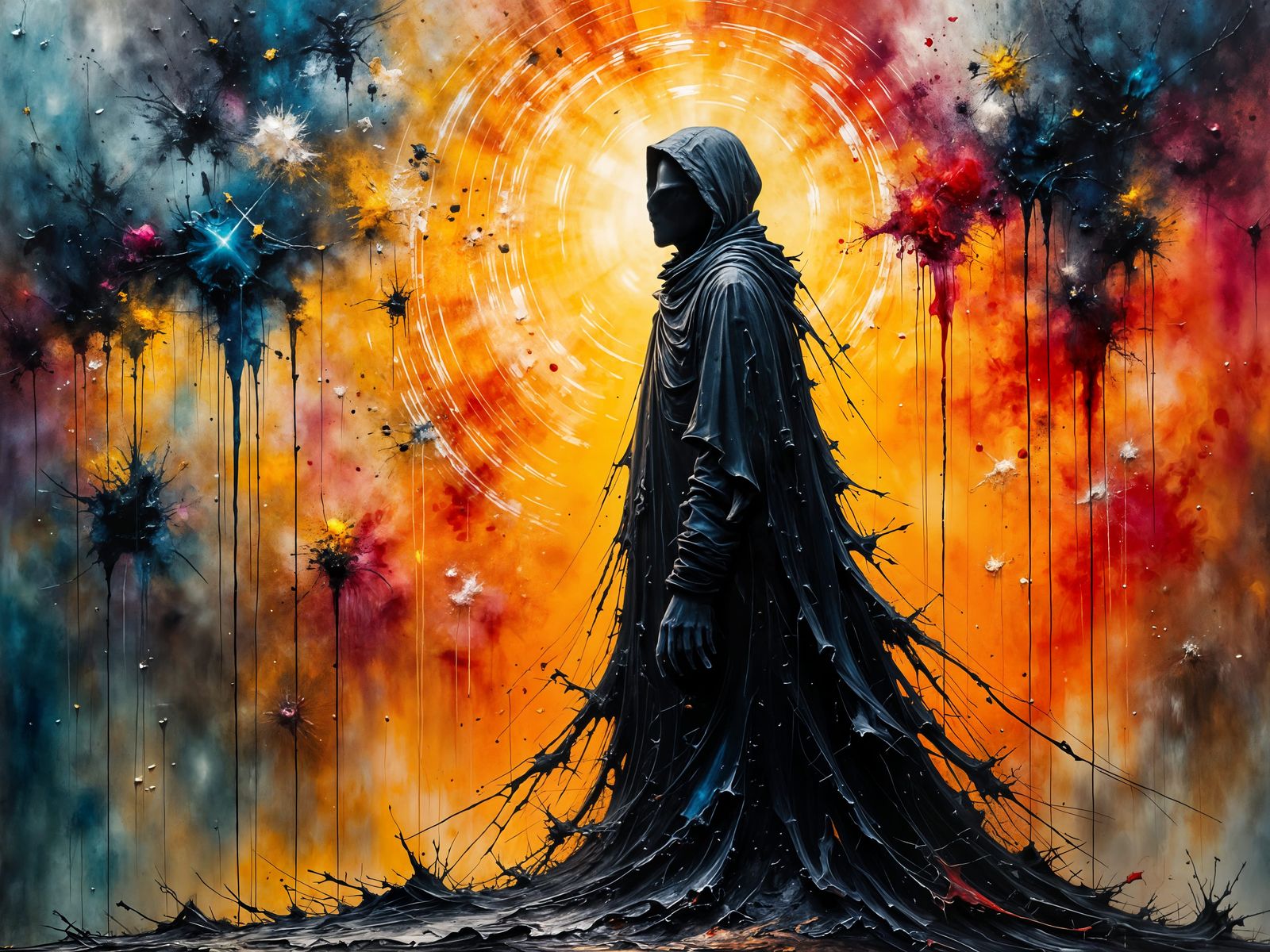 Abstract Painterly Figure Reaching for Bleeding Sky