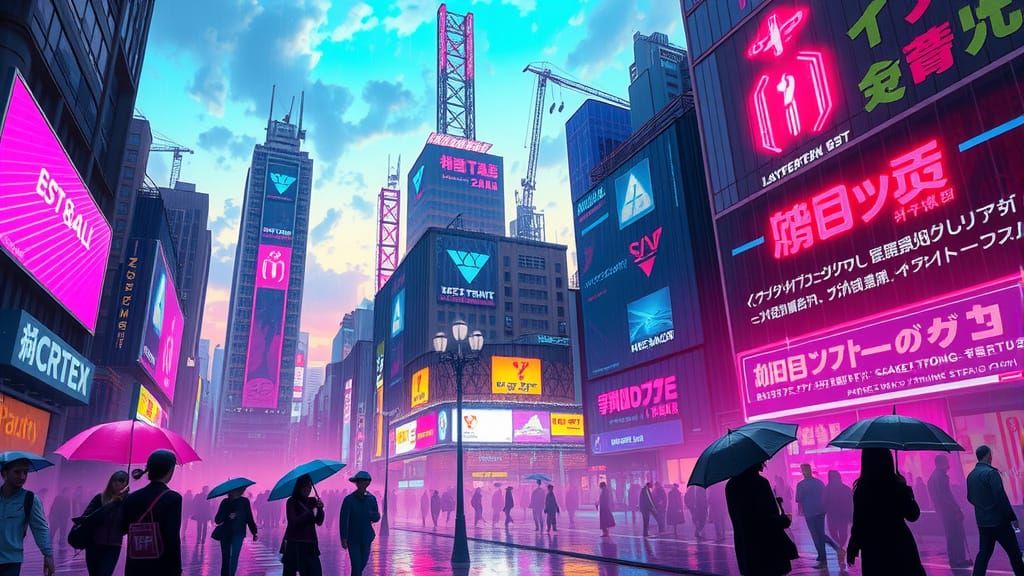 Cyberpunk Cityscape at Dusk with Neon Lights