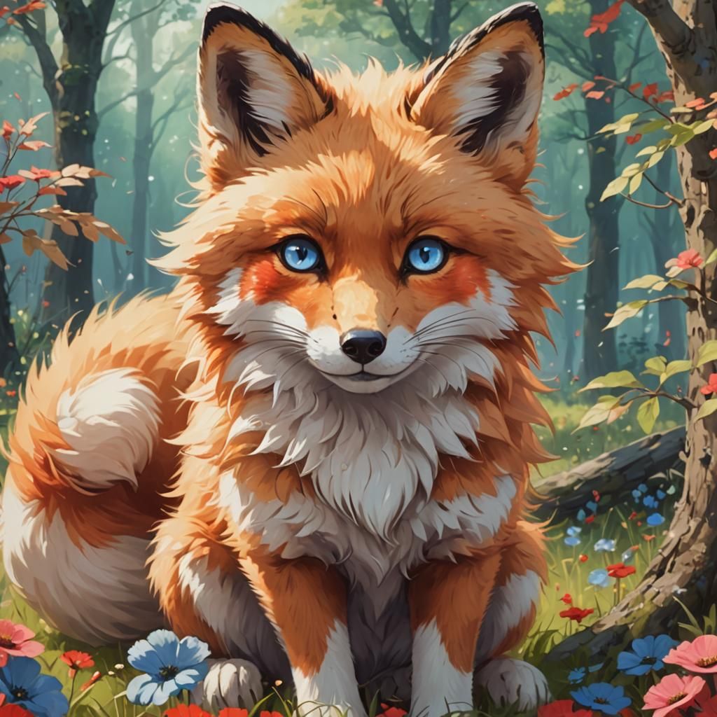 Fluffy Fox with Blue Eyes in Anime Style