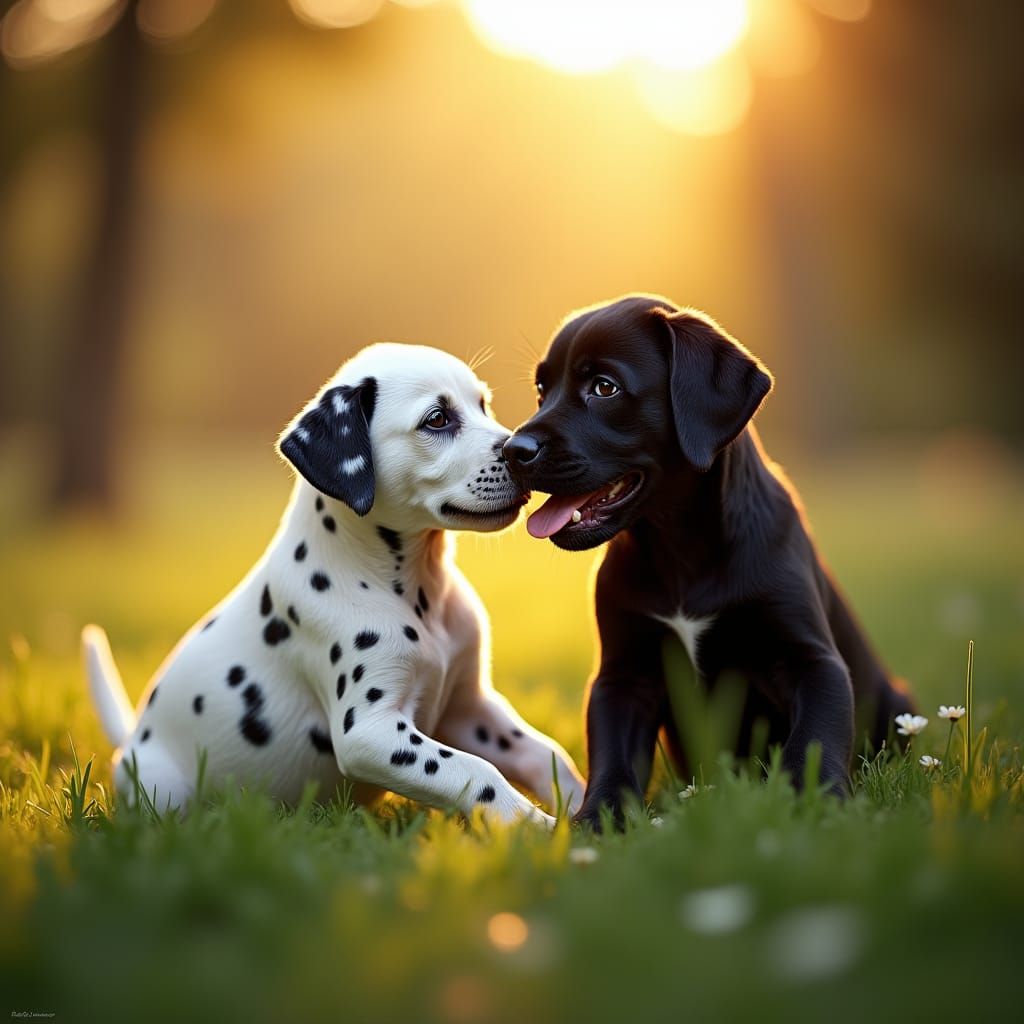 Dalmatian and Labrador Puppies Play in Sunny Meadow