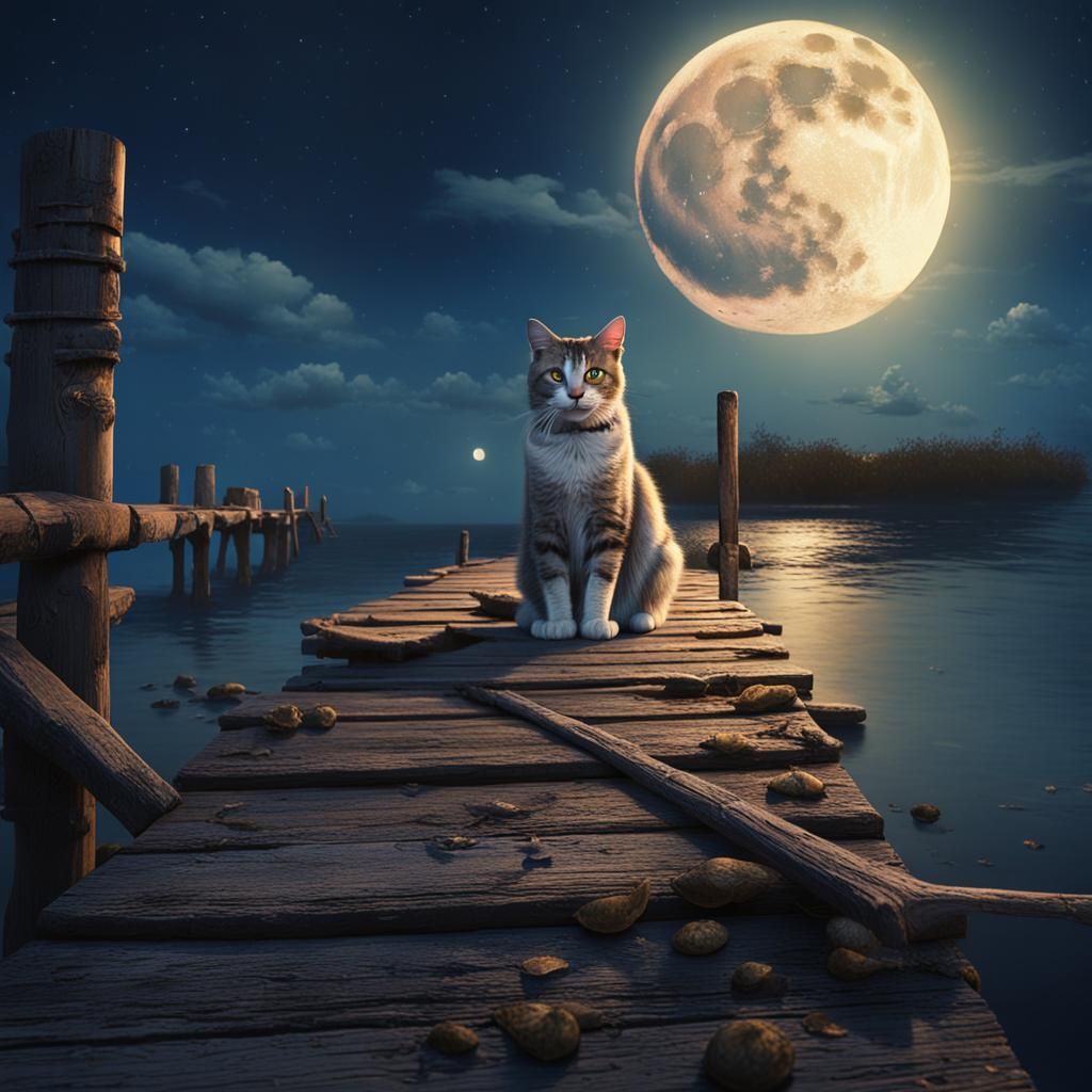 Cat on Pier Under Moon: Detailed Matte Painting
