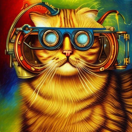 Steampunk Cat Portrait in Scratchy Oil Painting Style