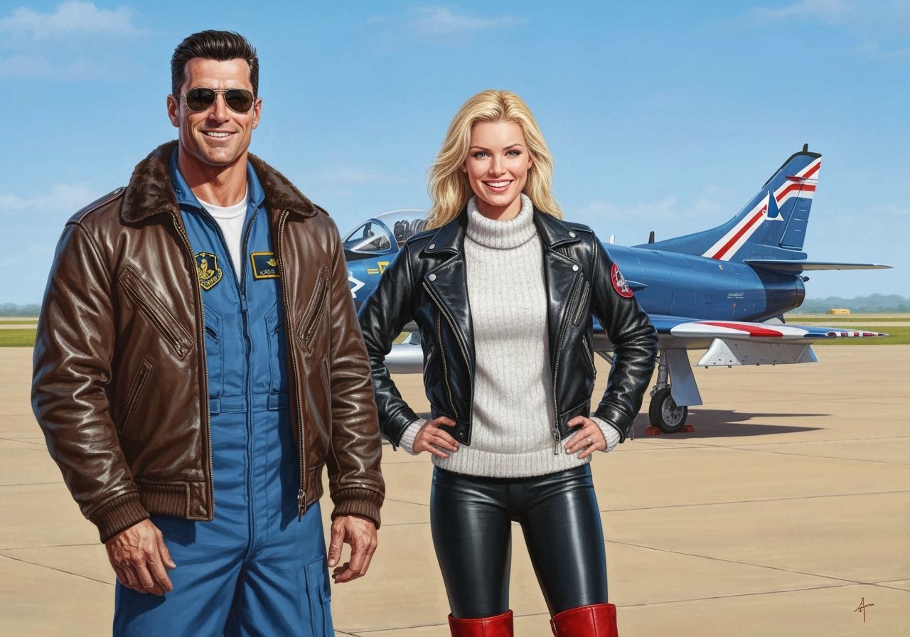Hyperrealistic Painting of Test Pilots on Airport Tarmac