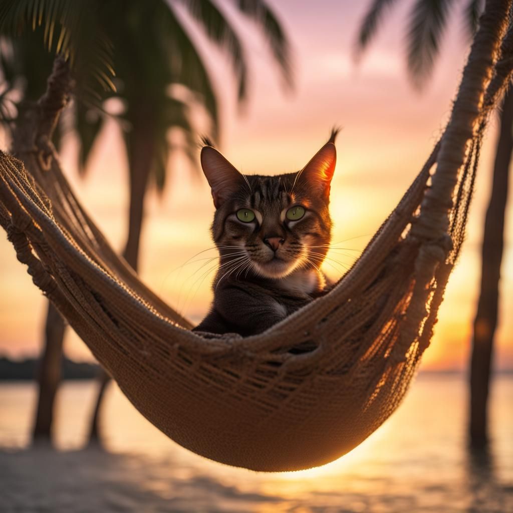 Alien Feline Relaxation on Tropical Island at Sunset