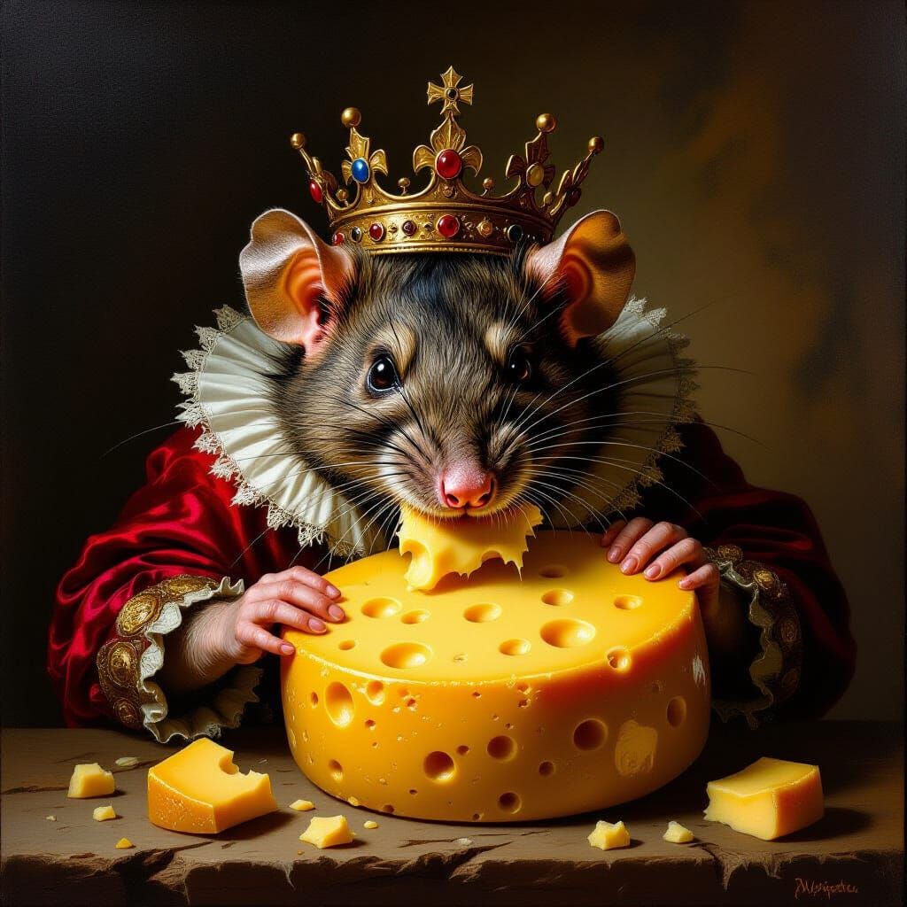 Grotesque Rat King Devouring Cheese in Dramatic Oil Painting