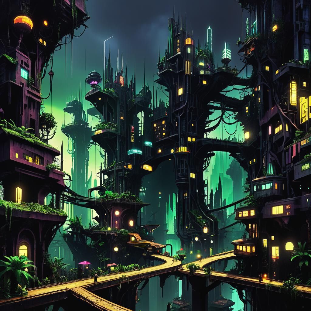 Creepy Junglepunk Arcology City: Surreal View