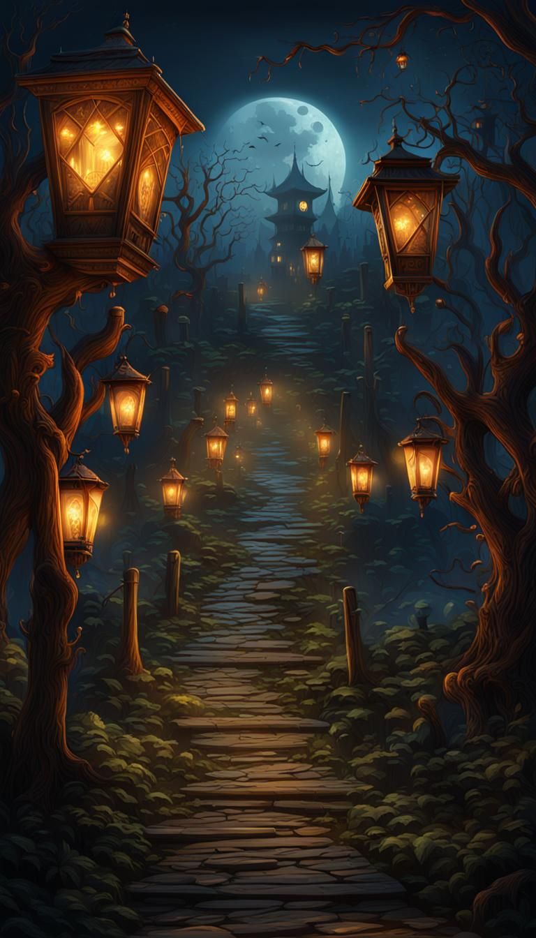 Haunted Night Pathway Through Dark Woods