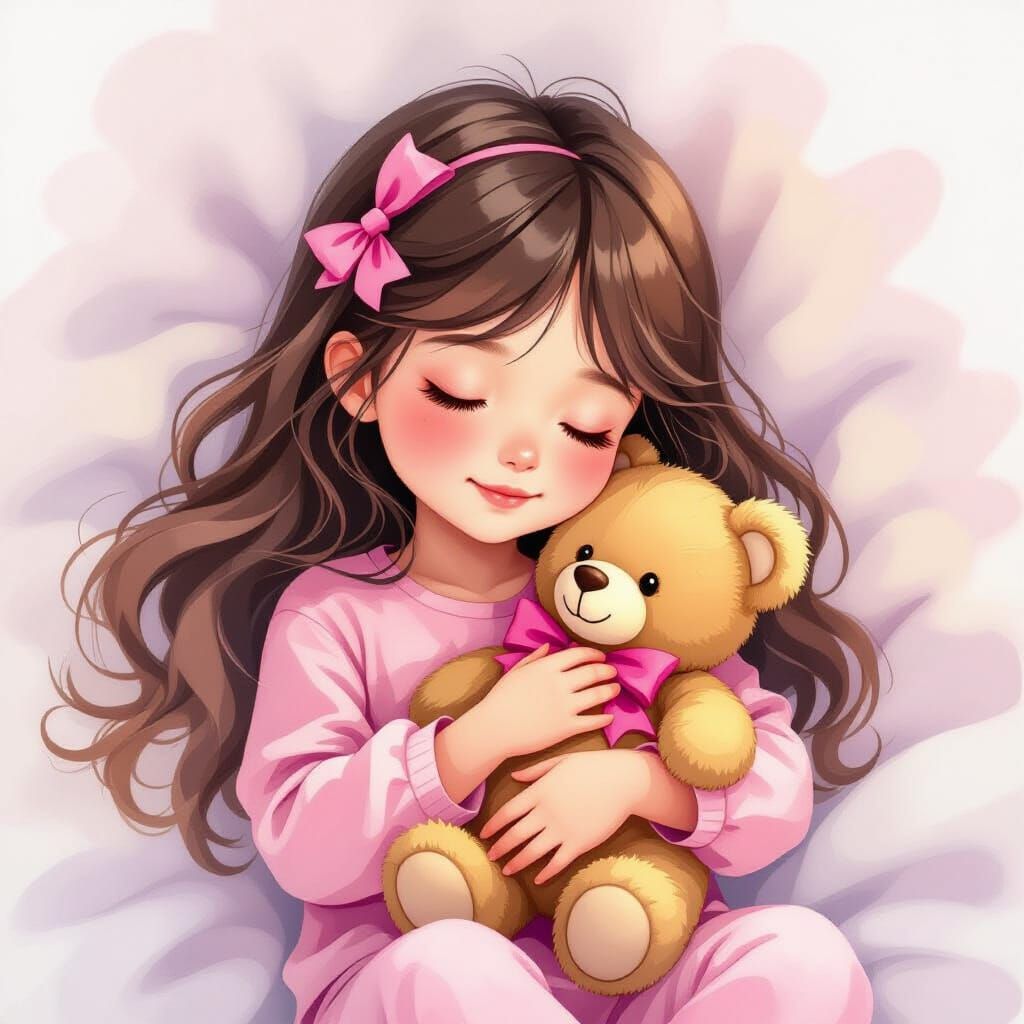 A digital illustration of a tired little girl with long, sil...