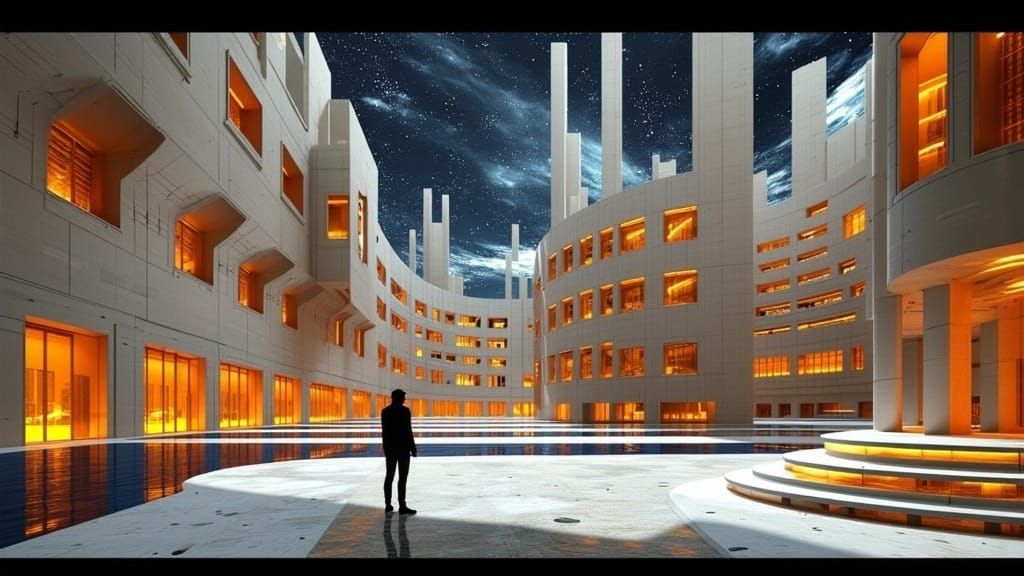 Cosmic Urban Dreams: Futuristic Cityscape with Solitary Figu...