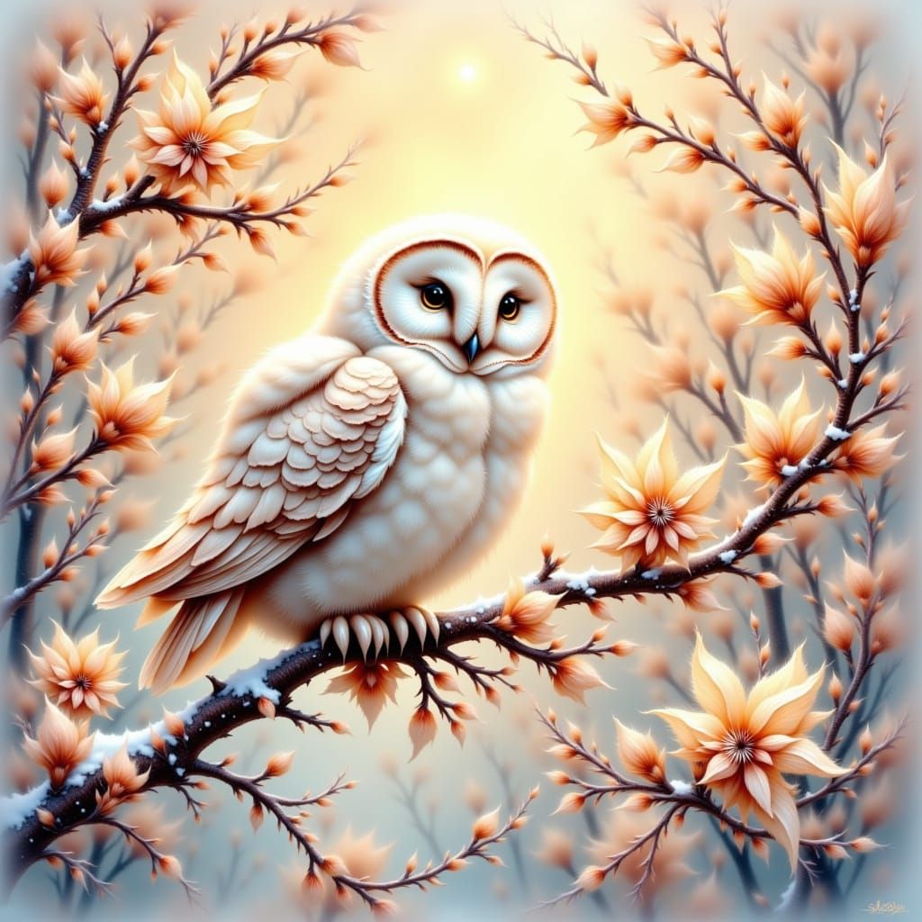 <lora:Mixing It Up:1.0> snow owl sitting on a beautiful blooming walnut branch on a frosty morning in winter ethereal wa...