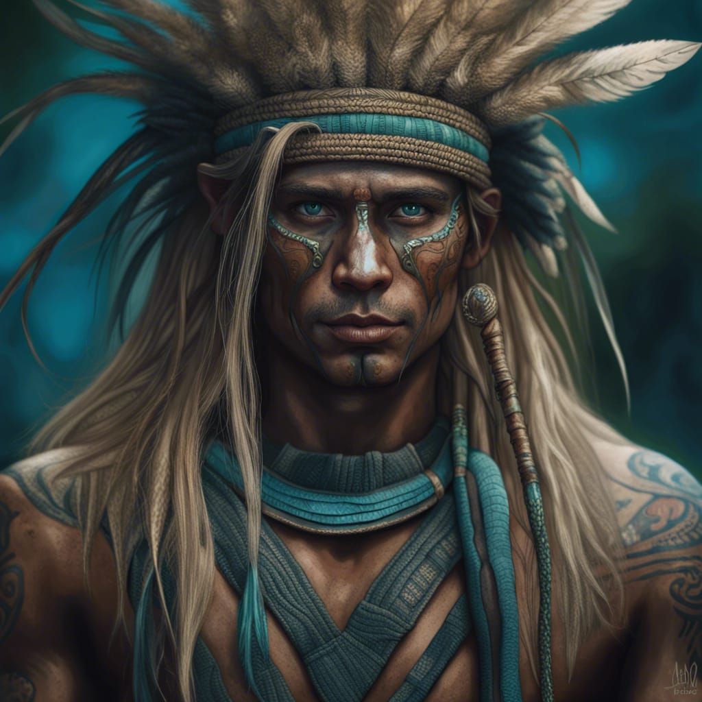 Ornate Portrait of Mayan Human Ranger in Fantasy Setting