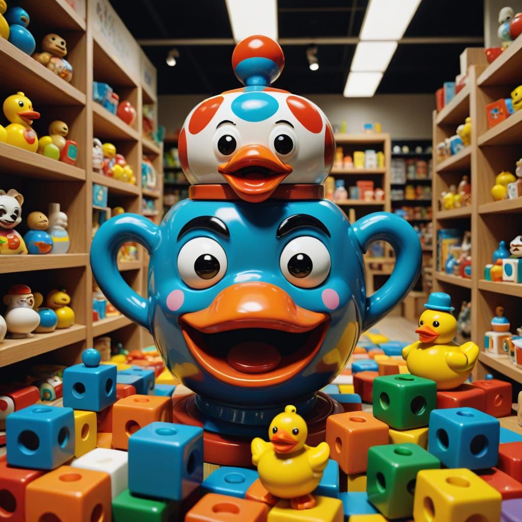 Terrified Teapot and Duck in Surreal Toy Store