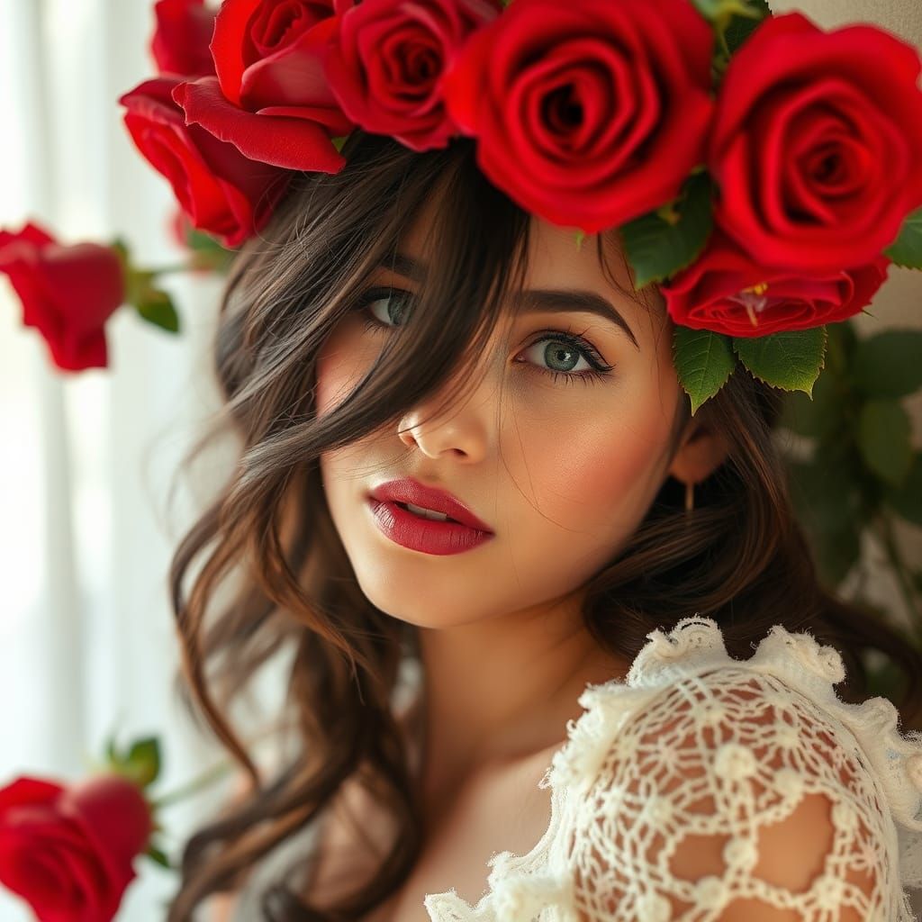 Romantic Brunette Surrounded by Red Roses