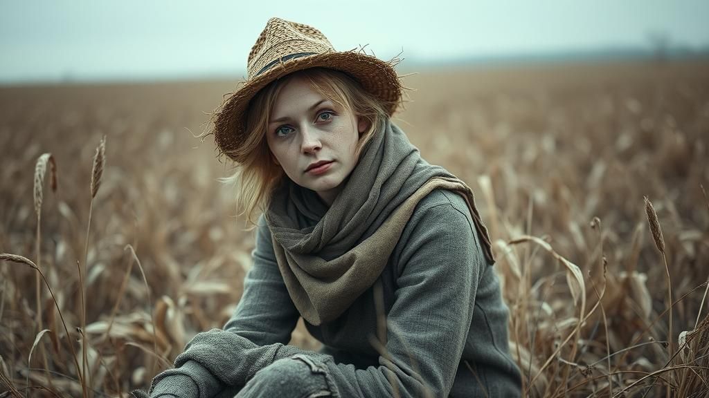 Desaturated Woman in Muted Autumn Field
