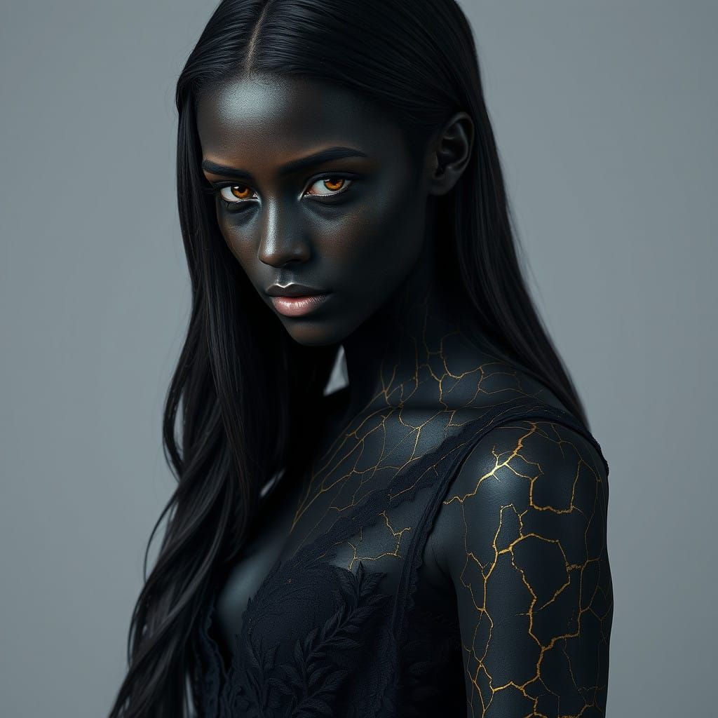 A Futuristic Portrait of a Young Woman with Intricate Golden...