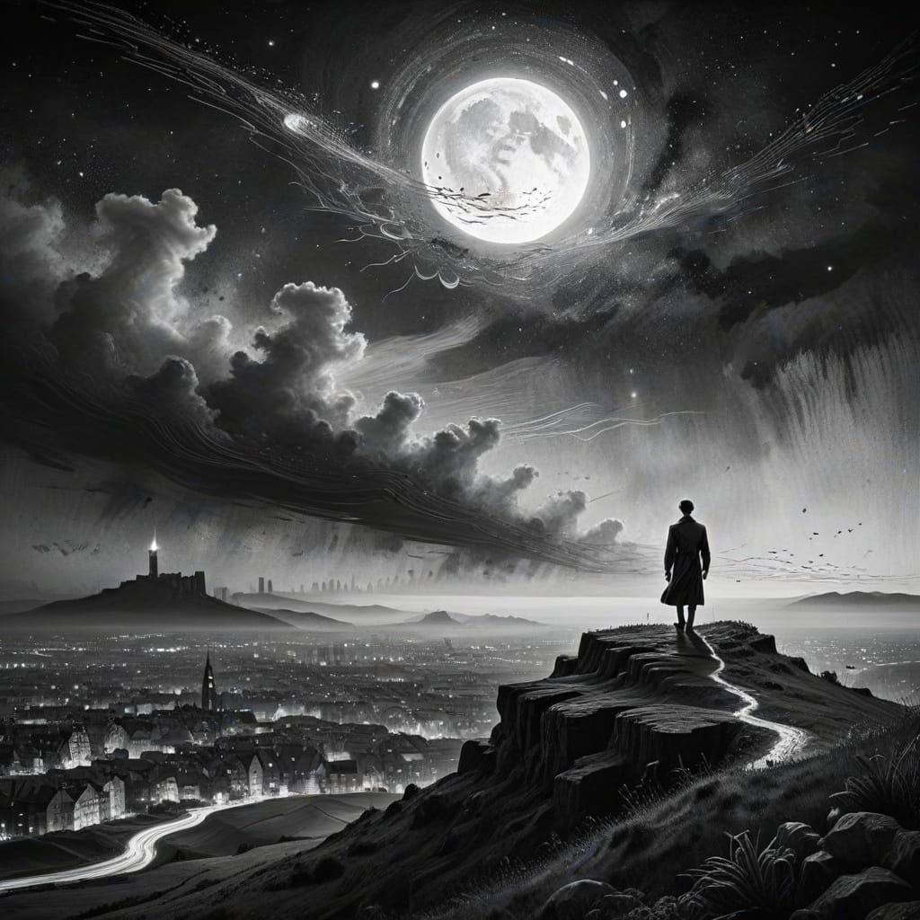 Figure Gazing at City in Black and White Etching