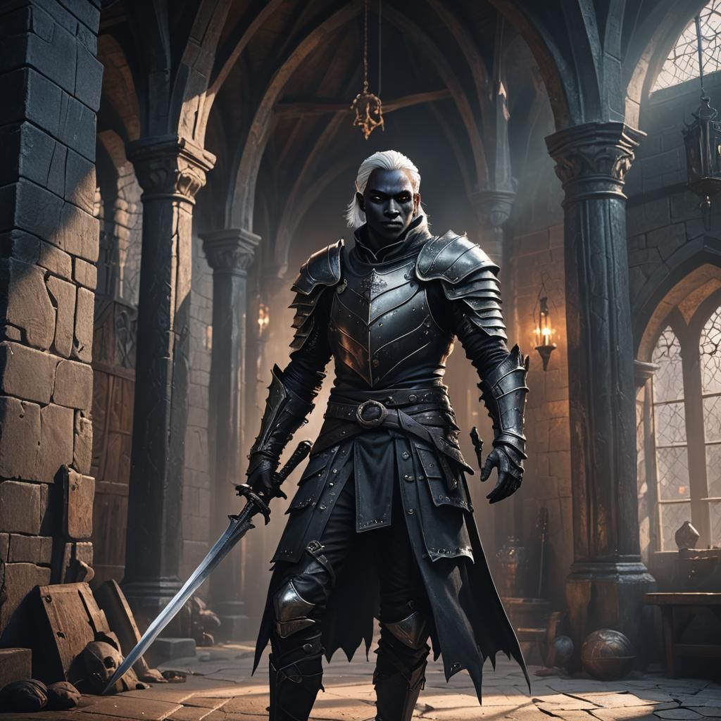 Drow Warrior with Magical Sword in Dark Fantasy Art
