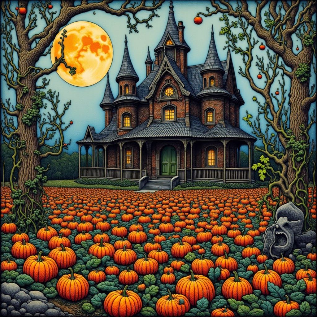 Eerie Haunted House with Pumpkin Patch, Digital Art