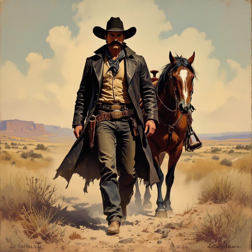Cowboy and Horse in Western Landscape Art