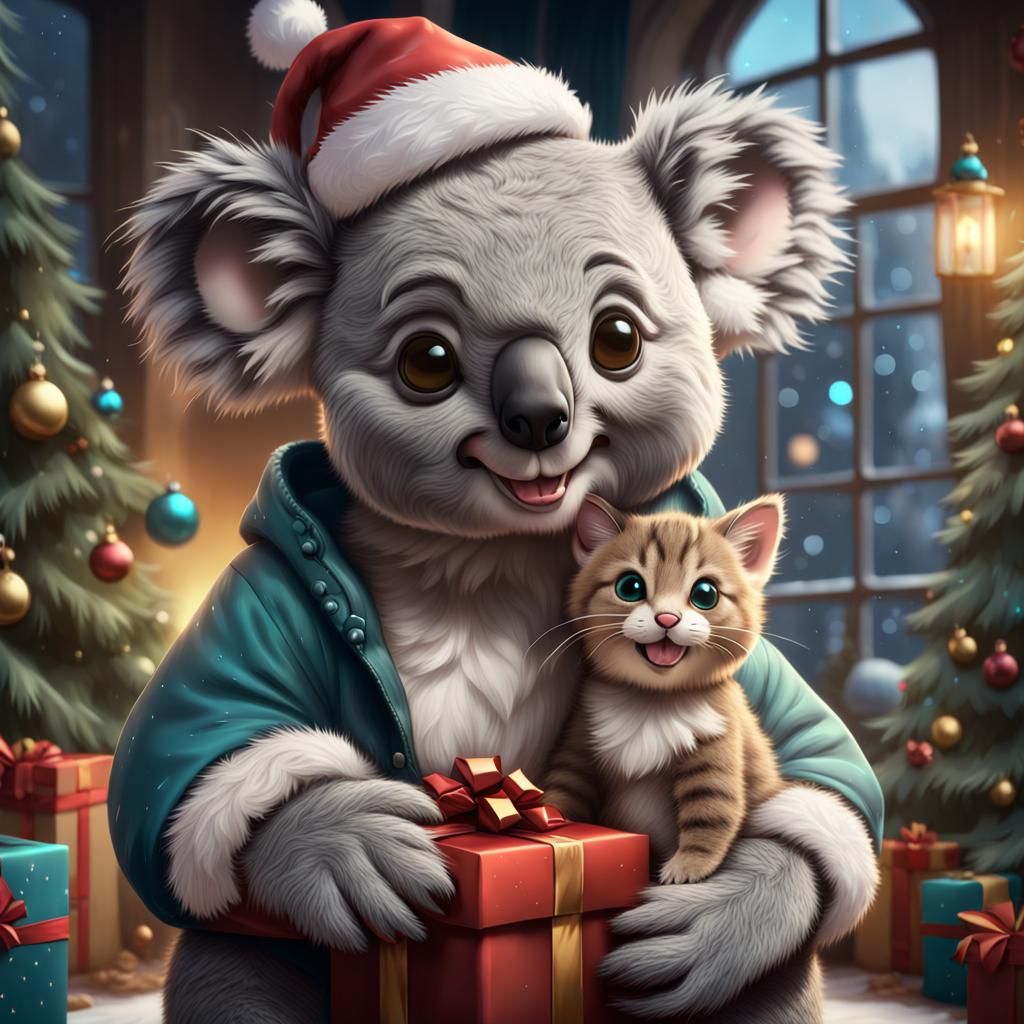 Festive Koala and Cat Christmas Matte Painting