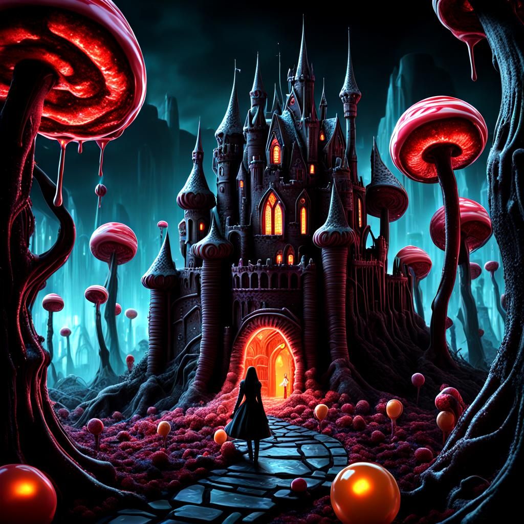 Menacing Fairy Woman in Dark Fantasy Candy Land