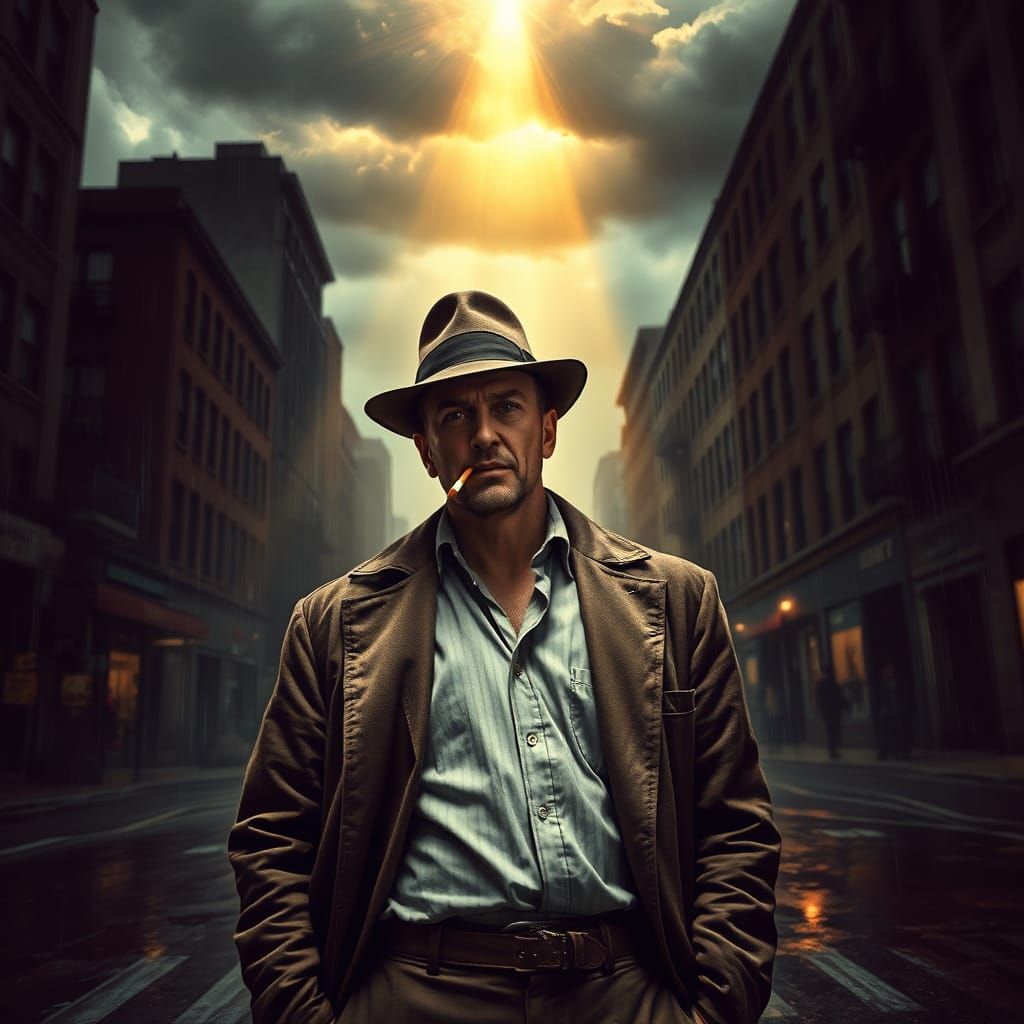 Gritty 1940s Detective in Rain-Soaked City Street