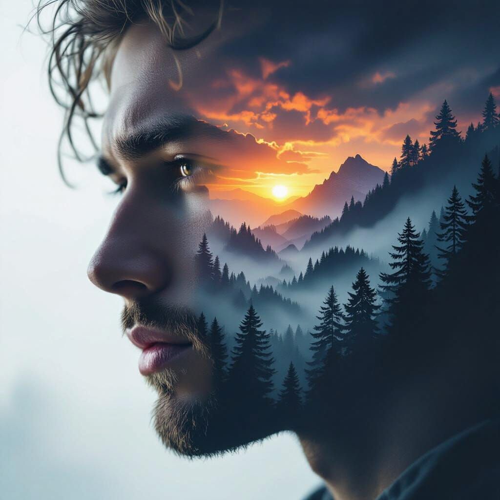 Double Exposure Portrait: Forest Mountains Sunset