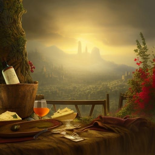 Fantastical Wine and Cheese Still Life